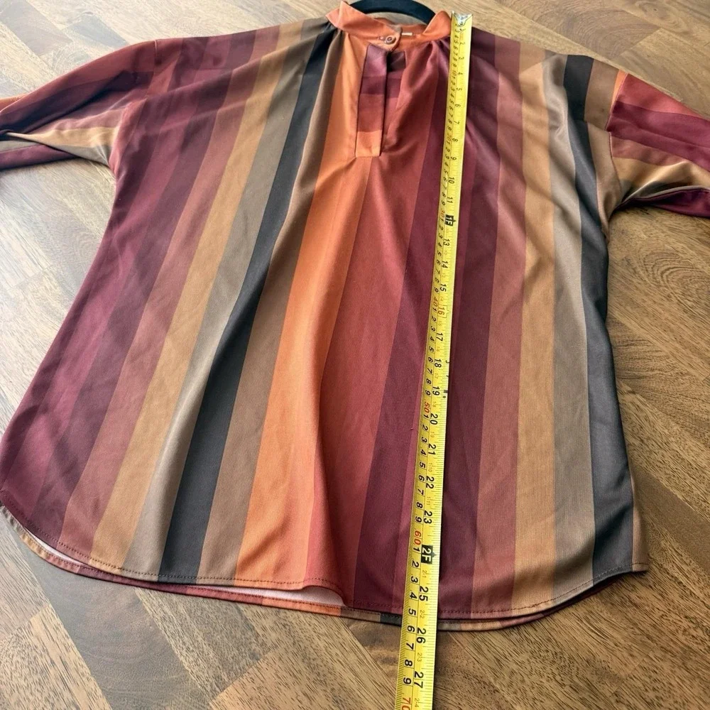 Vintage 70s Sears Blouse Small Top Balloon Sleeve Mandarin Collar Disco Striped - Picture 4 of 16